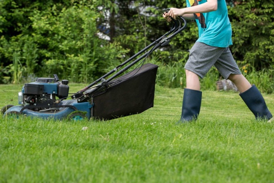 Ein Mann mäht den Rasen mit einem Rasenmäher