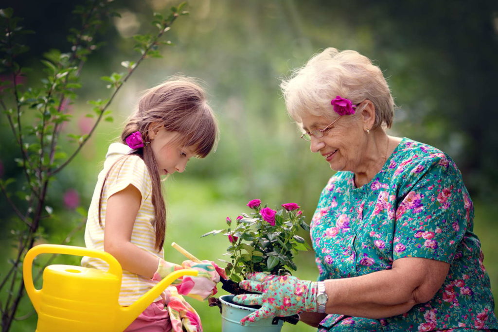 oma und Enkelin bei der gartenarbeit im Garten