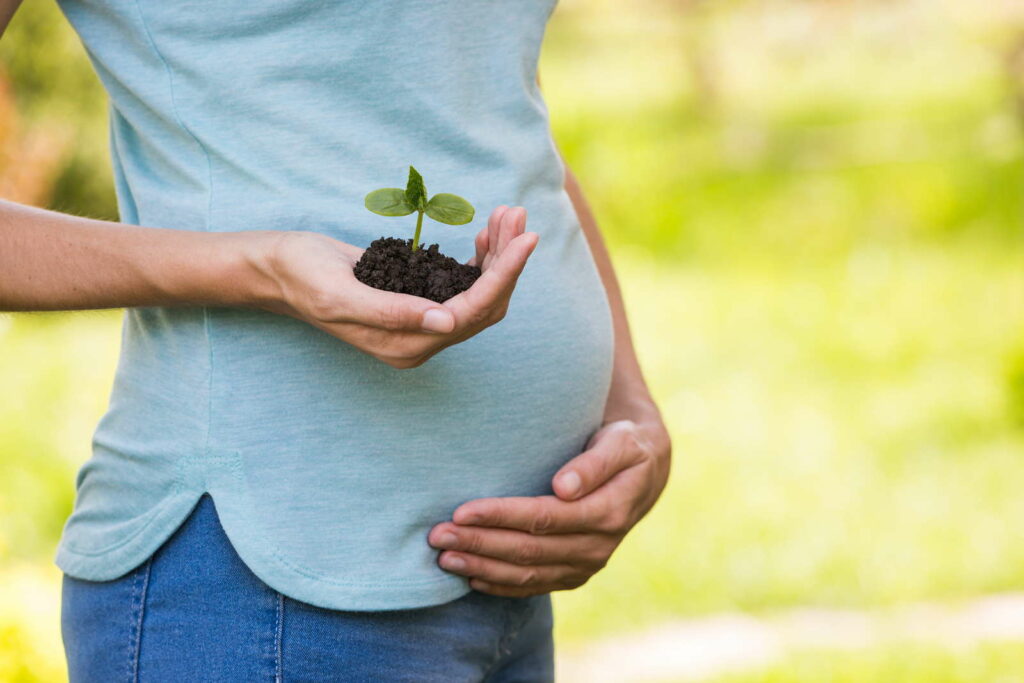Schwangere Frau mit Pflanze in der Hand steht draußen