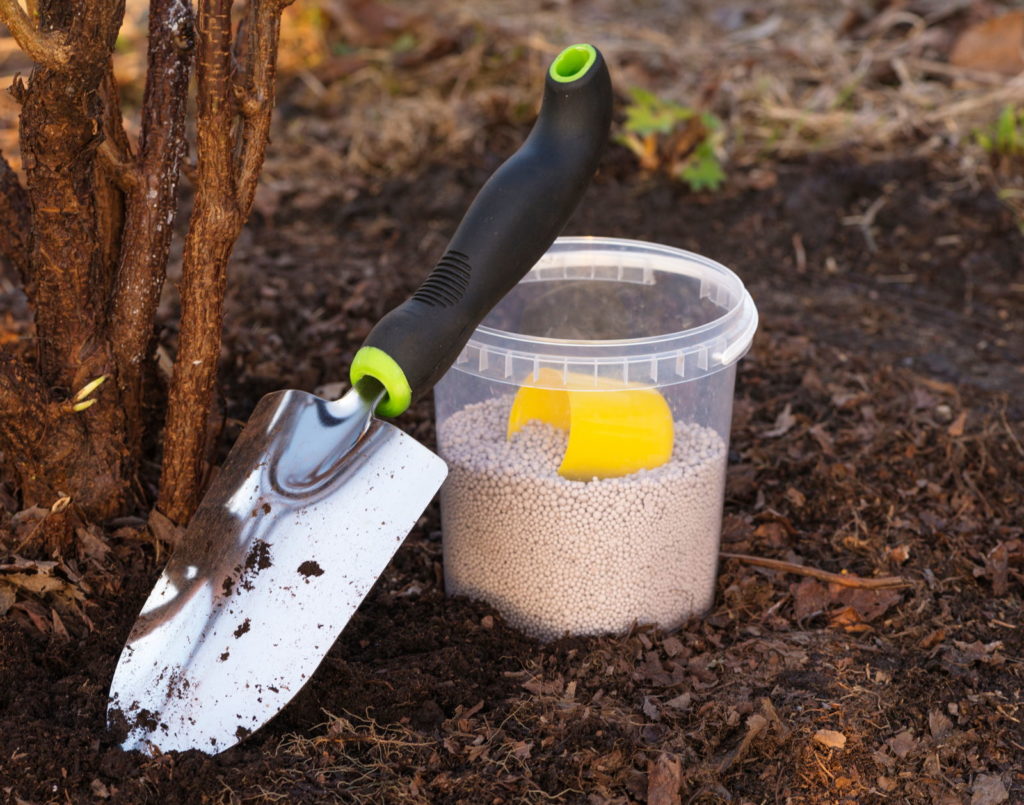 Weißer Dünger mit Schaufel im Garten