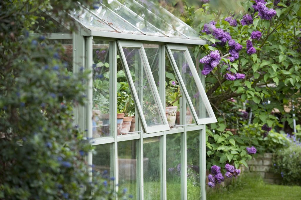 Ein Gewächshaus im Garten im Sommer
