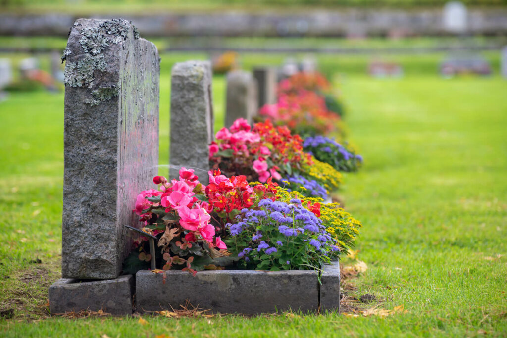 Bunte Blumen auf Urnengräbern